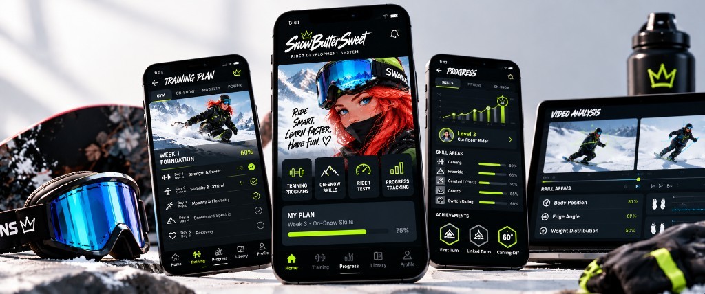 SBSWEET Rider App on three phones and a laptop — training plan, home, progress, and video analysis