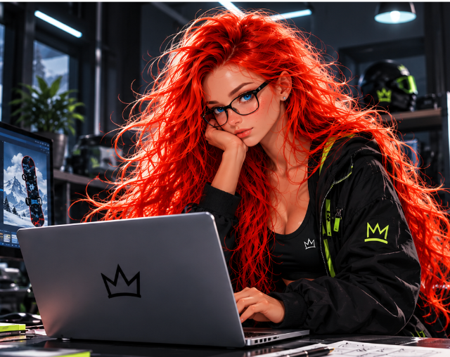 Tina as developer — lab workspace with laptop, glasses, and lime SBSweet crown accents