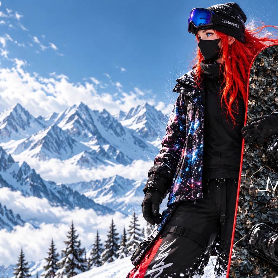 Tina as rider — standing on alpine slope with snowboard, galaxy jacket, and SWANS goggles