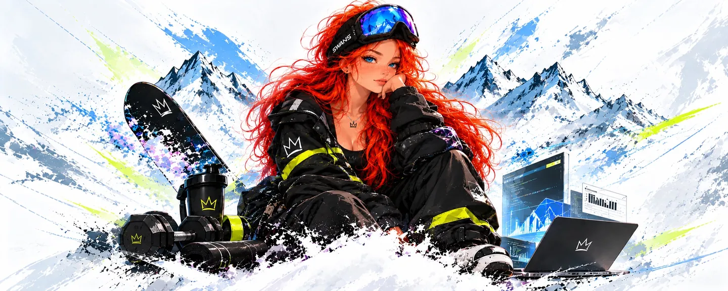 Tina with snowboard, training tools, and development screens