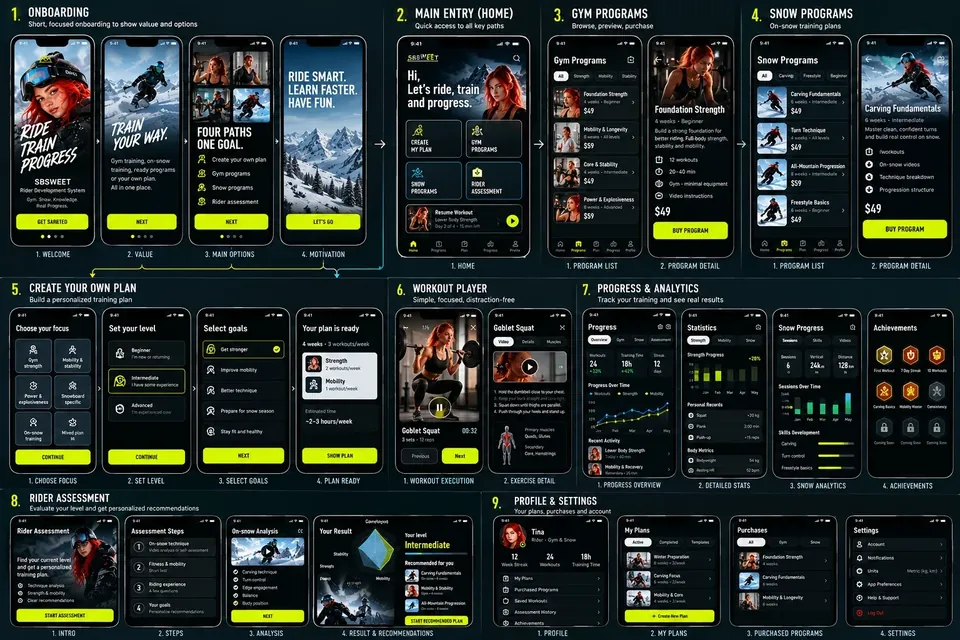 SBSWEET app concept: workout player, progress and analytics, rider assessment, profile and settings