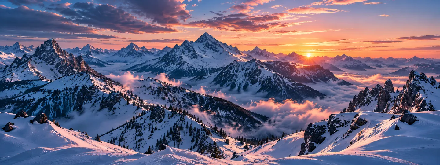 Alpine peaks above a cloud sea at sunset