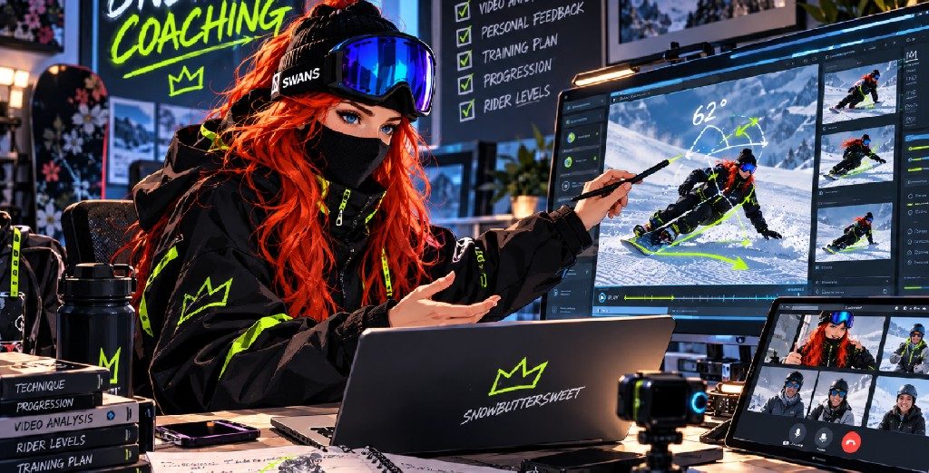 Live online coaching — Tina at an analysis workstation with monitors, video call, and coaching checklist