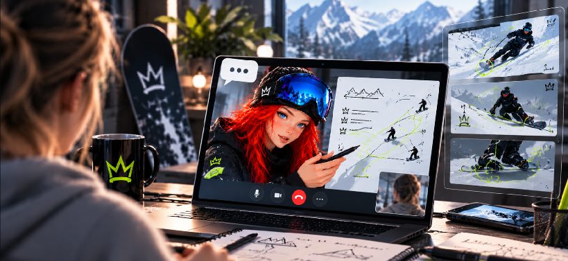 Online consultation — student view of a live video session with Tina coaching from a whiteboard, with riding analysis panels