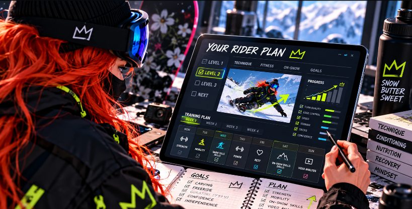 Progress plan — tablet showing Your Rider Plan with technique, fitness, progress charts, and weekly training blocks