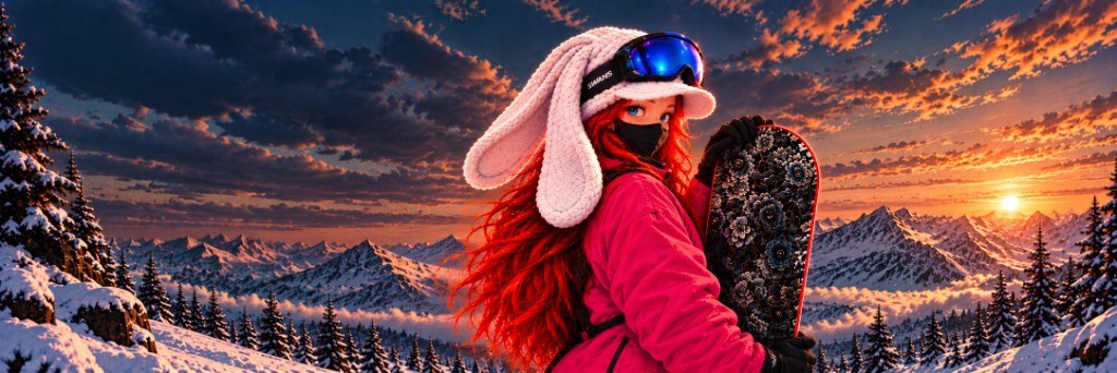 Ride with me — Tina in a pink jacket and bunny-ear hat holding a snowboard against a sunset mountain backdrop