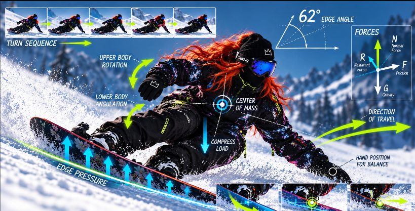 Riding analysis — Tina carving with technical overlays for edge angle, forces, center of mass, and turn sequence